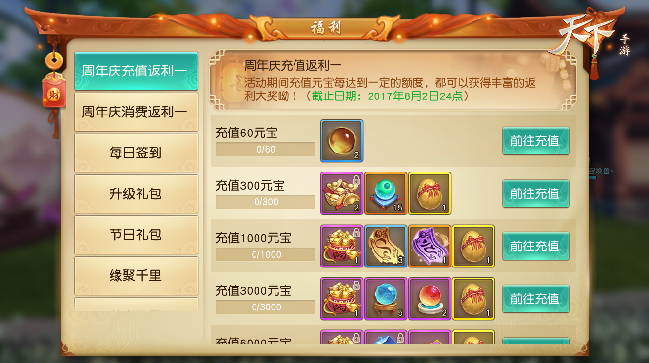 《天下》手游周年庆狂欢季7大福利畅享攻略