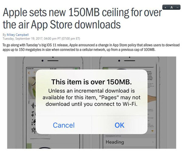 App Stpre新规：蜂窝数据可下载应用大小上限改为150MB
