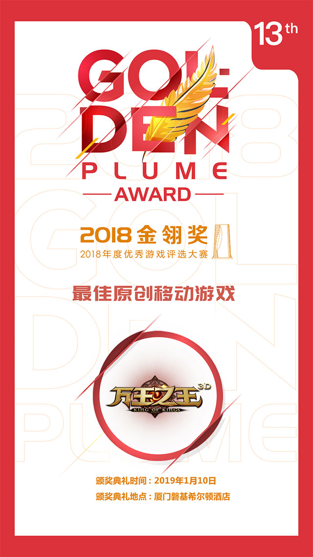 万王之王3D荣获“2018年最佳原创移动游戏”、“2018年中国优秀游戏制作人大奖”