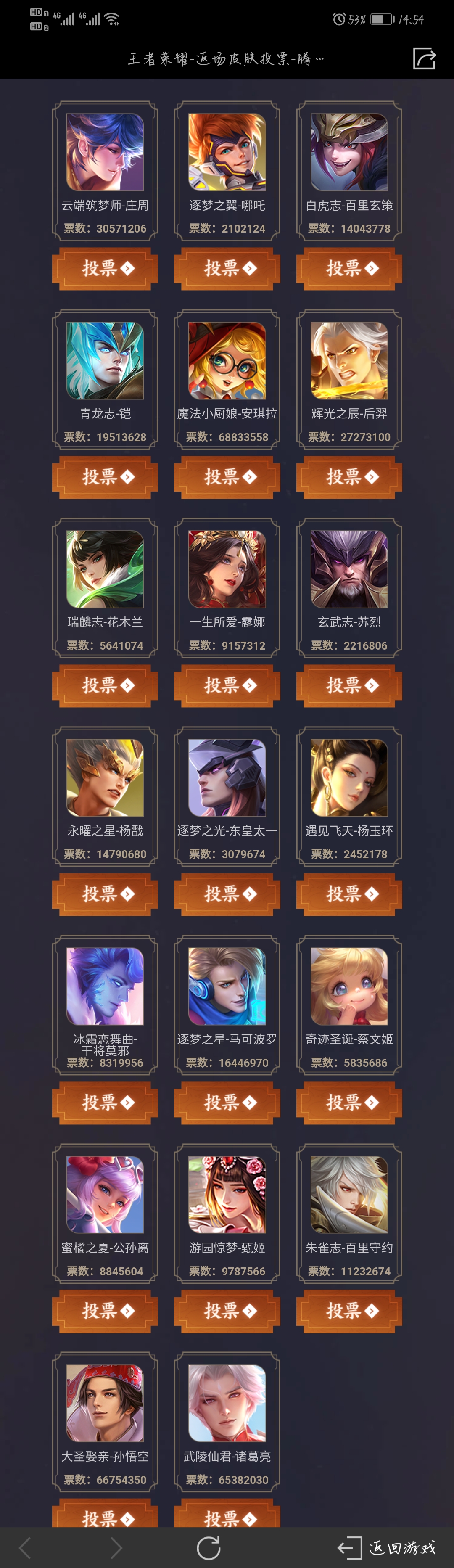 《王者荣耀》4周年庆返场皮肤最新排名