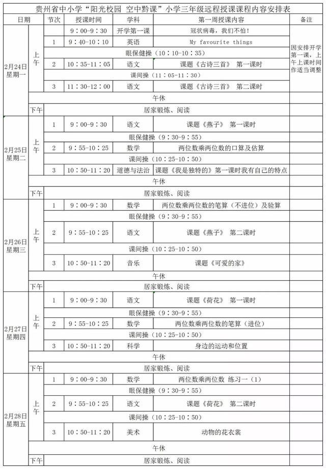 《阳光校园空中黔课》全年级课程表介绍