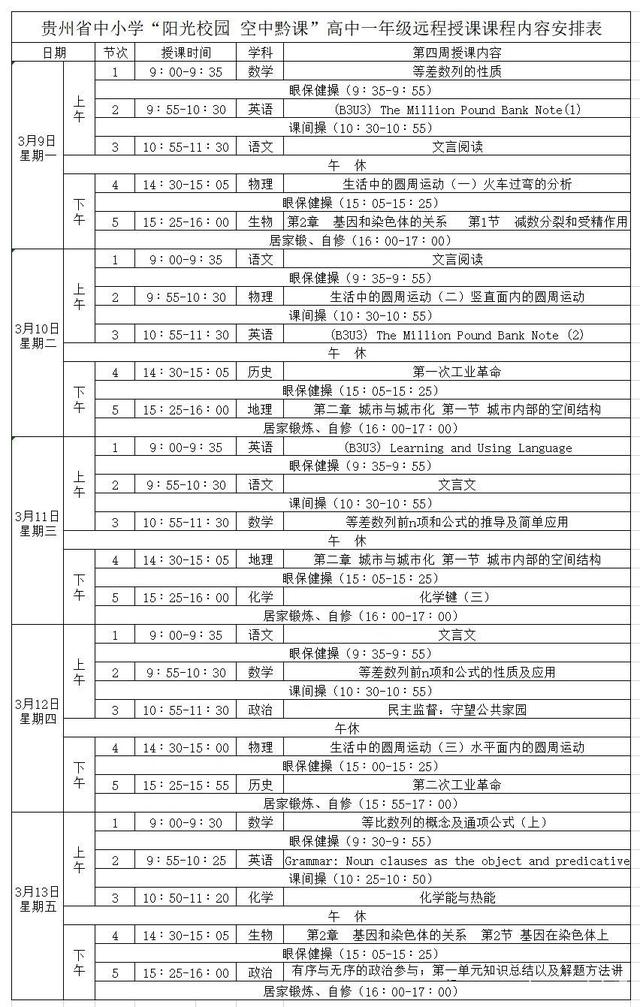 《阳光校园空中黔课》高一年级3月9日-13日课程表介绍