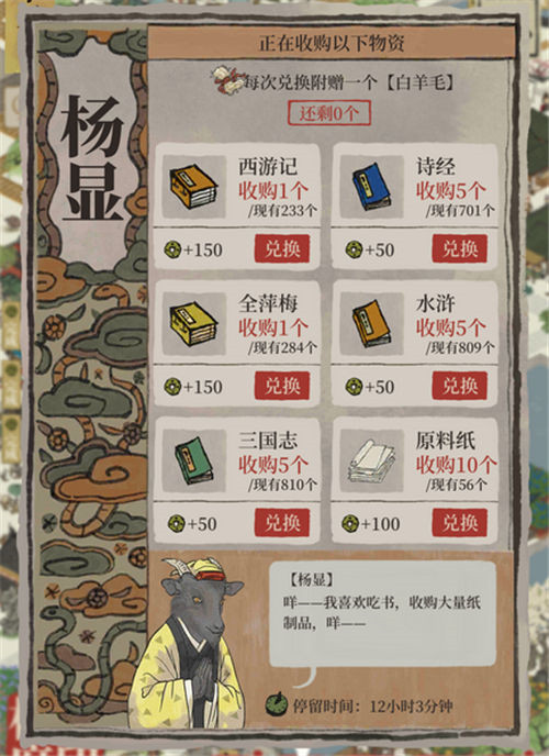 《江南百景图》杨显兑换物品一览