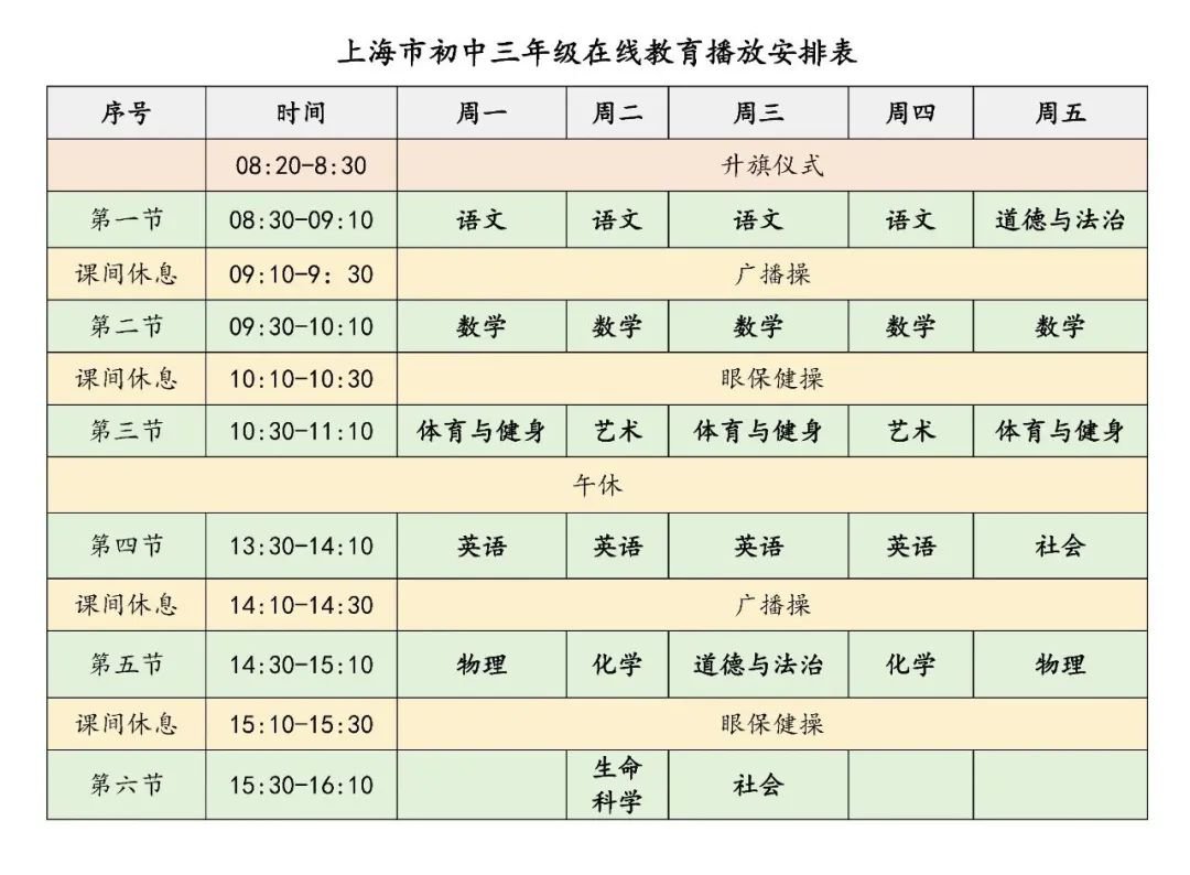 2020上海市中小学生空中课堂在线教育课程表（秋季）