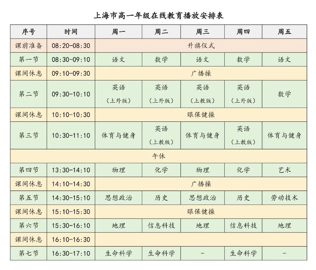 2020上海市中小学生空中课堂在线教育课程表（秋季）