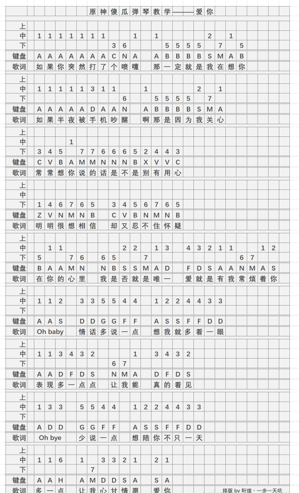 《原神》爱你琴谱简谱图片分享